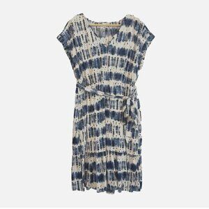 Women's Large Blue Tie Dye Midi Cotton Casual Flowy Shift Belt Nautical Dress